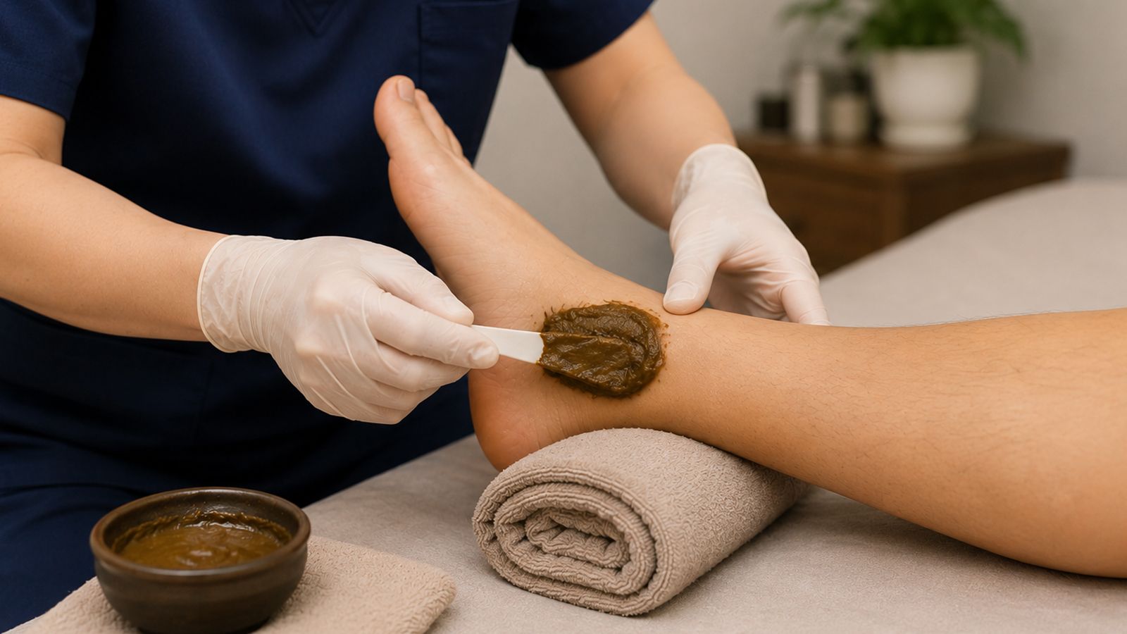 TCM practitioner applying a Chinese herbal poultice to the ankle