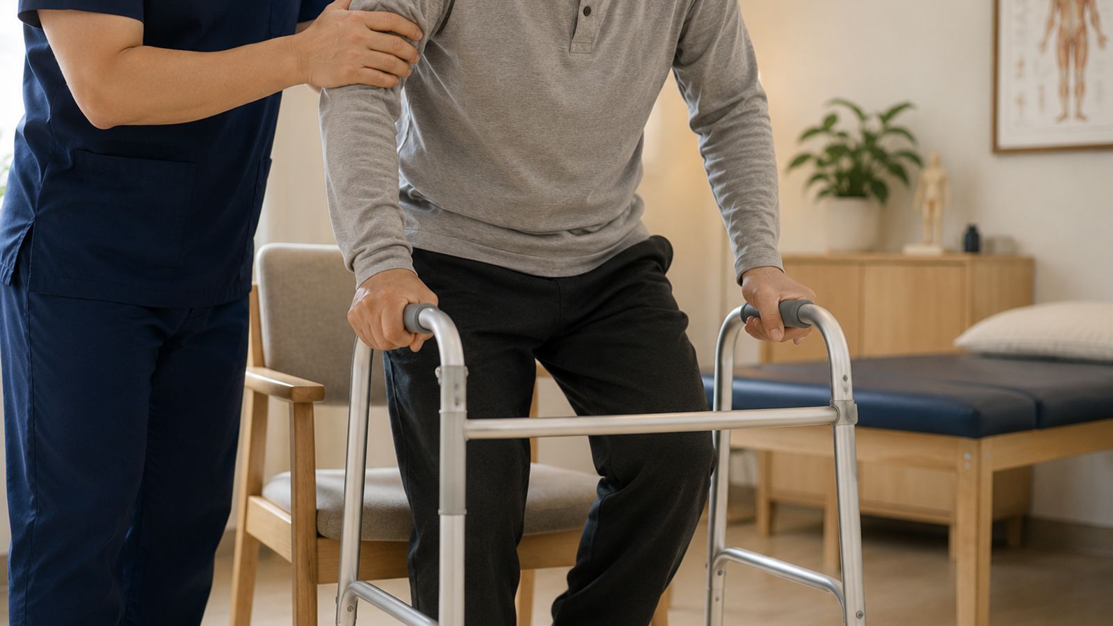 Patient using a walker with practitioner support during rehabilitation